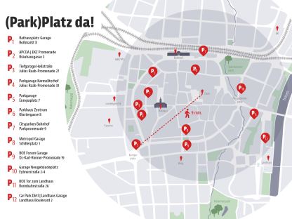 Eine Karte mit allen Parkplätzen der St. Pöltner Innenstadt. (Grafik: ZOOM VP.AT | Marketing St. Pölten GmbH)