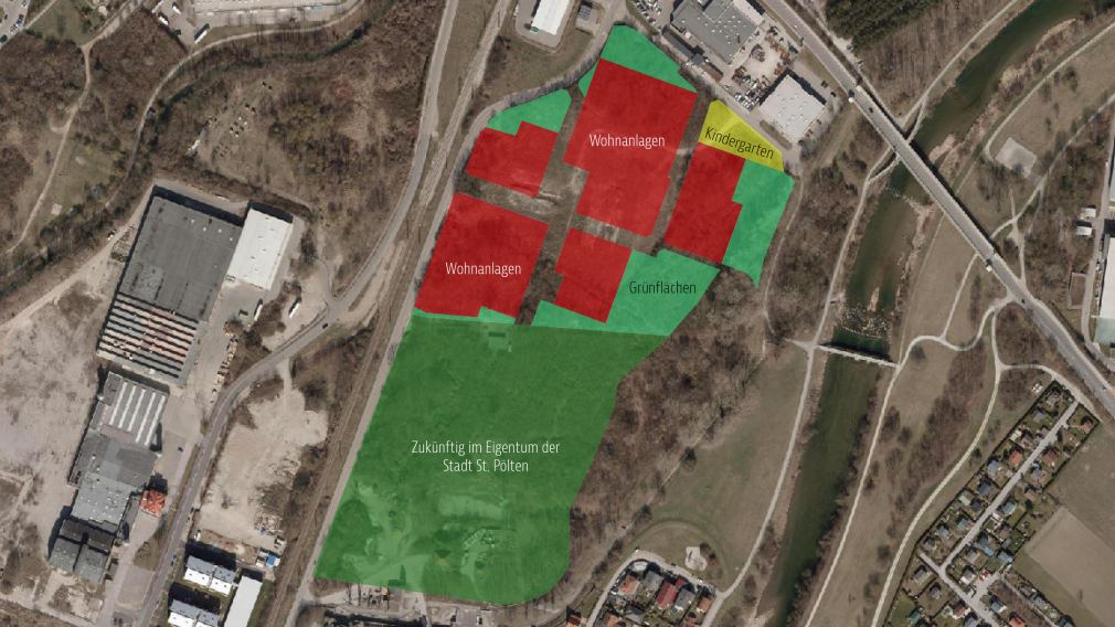 Visualisierung mit Luftaufnahme aus dem GIS vom Areal der WWE-Gründe.