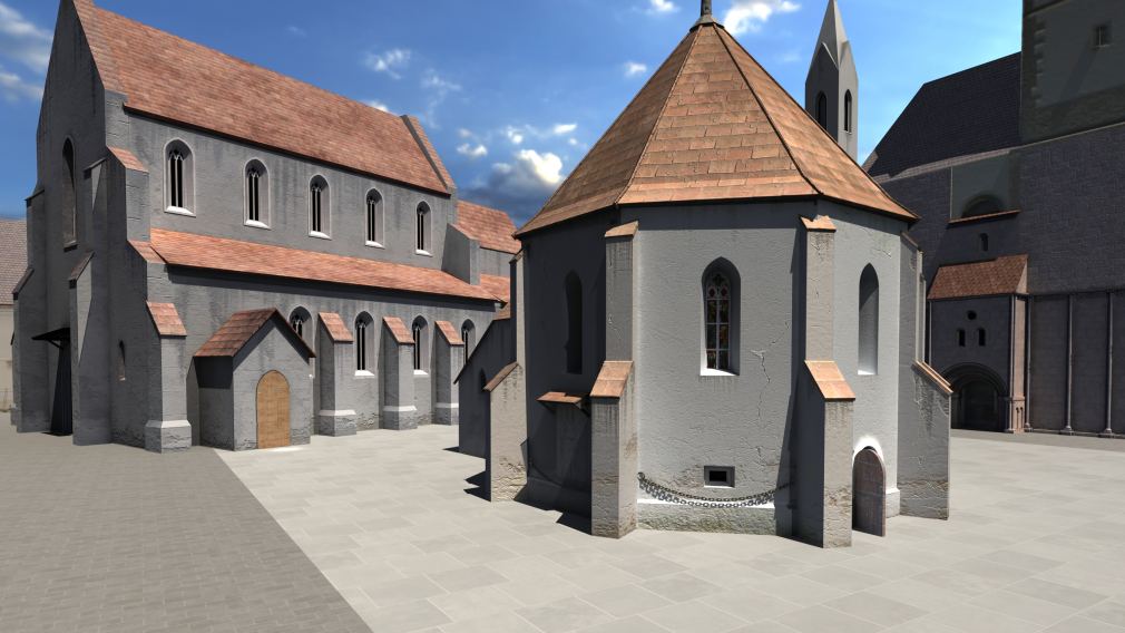 Die Leutkirche und die Andreaskapelle am heutigen Domplatz visualisiert. (Visualisierung: 7reasons)