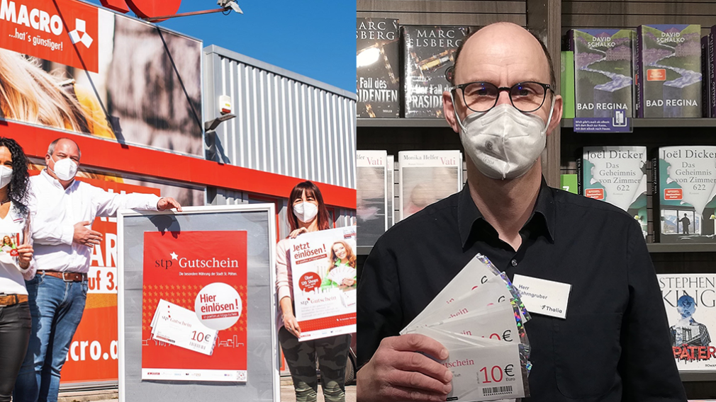 Gerhard Holzinger von Macro und Helmuth Fahrngruber von Thalia freuen sich über Kunden mit stp*Gutscheinen.Foto: privat