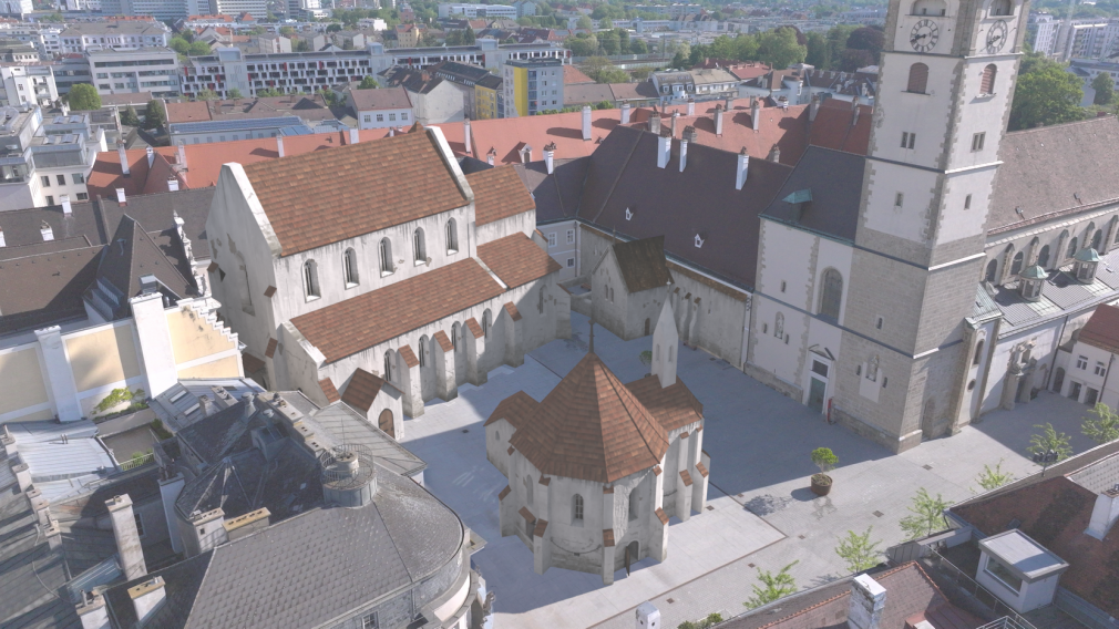 Die Leutkirche und die Andreaskapelle am heutigen Domplatz visualisiert. (Visualisierung: 7reasons)