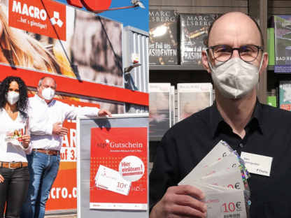 Gerhard Holzinger von Macro und Helmuth Fahrngruber von Thalia freuen sich über Kunden mit stp*Gutscheinen.Foto:pirvat