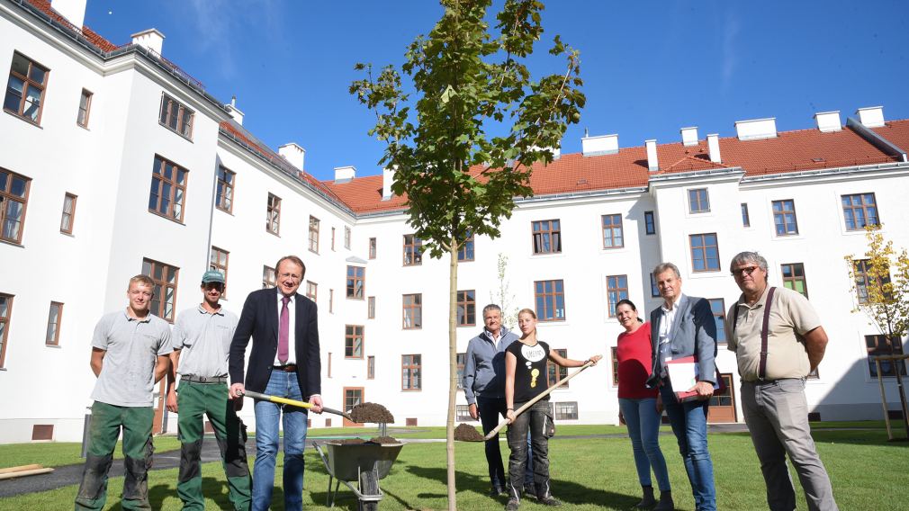 Bürgermeister Matthias Stadler die Mitarbeiter der Fa. Rath, Martin Sadler, Roswitha Schmidt, Roland Gronister und Anton Rath begrünen den Innenhof. Foto: Josef Vorlaufer